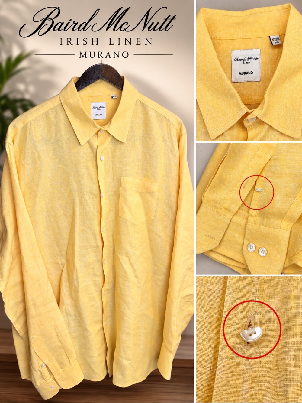 Baird McNutt Murano Irish Linen Shirt XL Yellow Long Sleeve Button Front